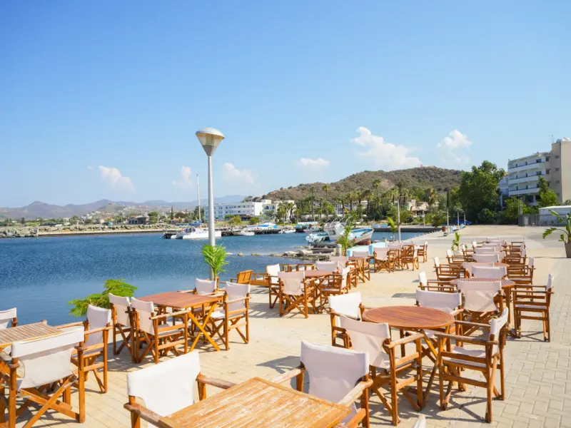 Seafront café terrace at the small port of Kato Pyrgos